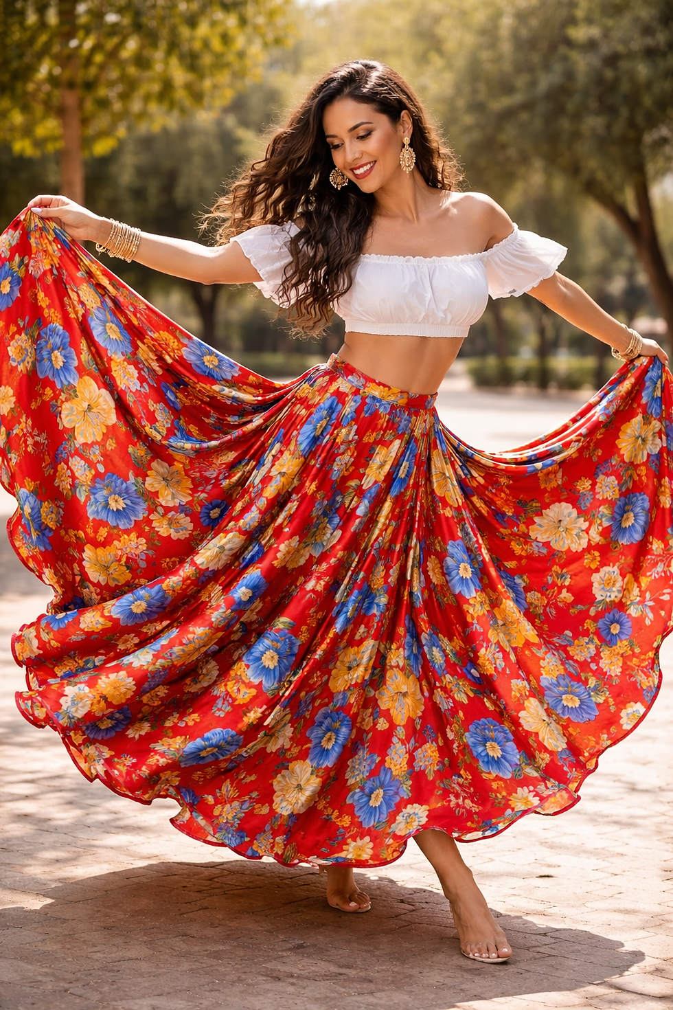 ed floral romani dance skirt with blue and yellow flowers, full circle performance skirt