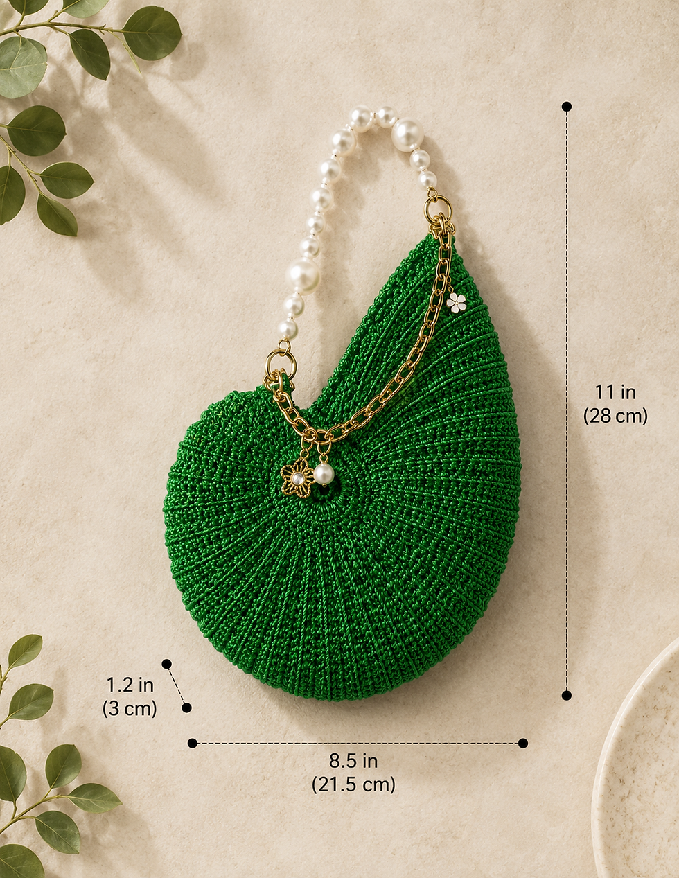 Emerald Green Crochet Shell Purse with Satin Lining