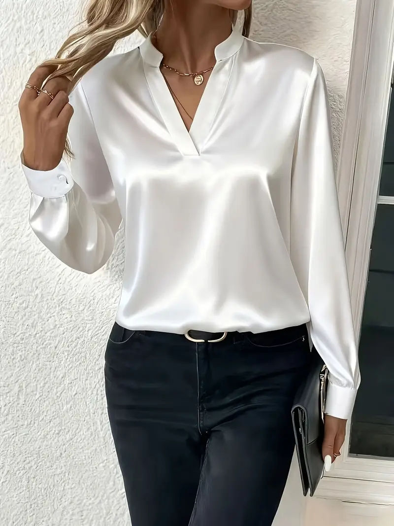 Thumbnail: Silque V  Elegant Long Sleeve V-Neck Silk-Like Blouse
