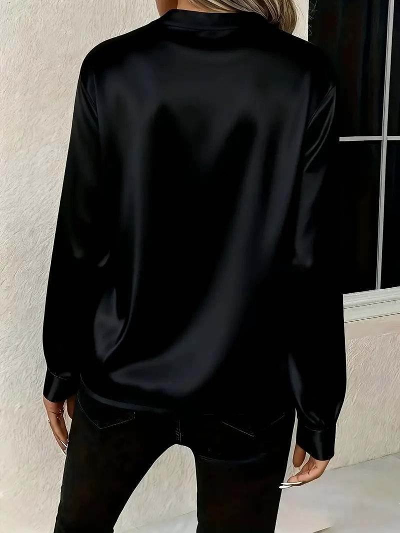 Thumbnail: Silque V  Elegant Long Sleeve V-Neck Silk-Like Blouse