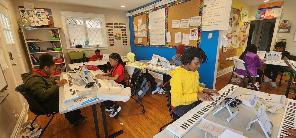 Students participating in piano lesson during fine arts class at Academy of Scholars Leadership and Learning Center.