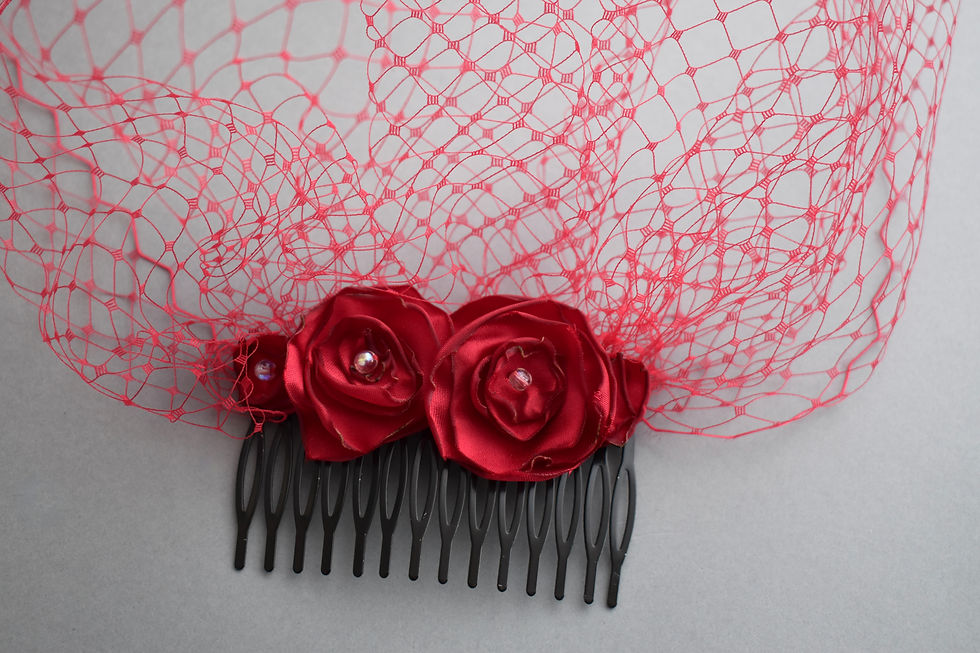 Thumbnail: Red Birdcage Veil with Red Roses