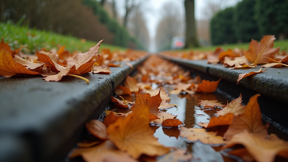 Close-up view of a clogged gutter filled with leaves