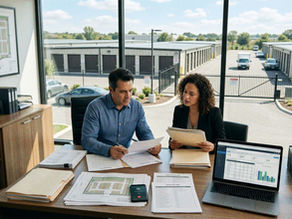 A male and female investor reviewing documents for self-storage investing inside an office with self-storage units viewed from the windows.