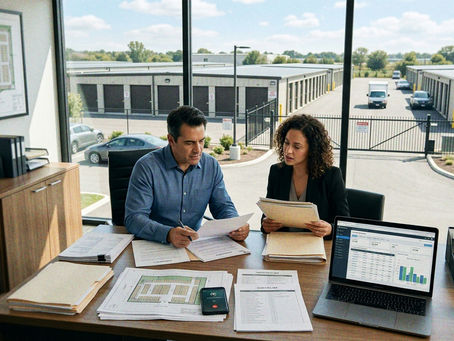 A male and female investor reviewing documents for self-storage investing inside an office with self-storage units viewed from the windows.