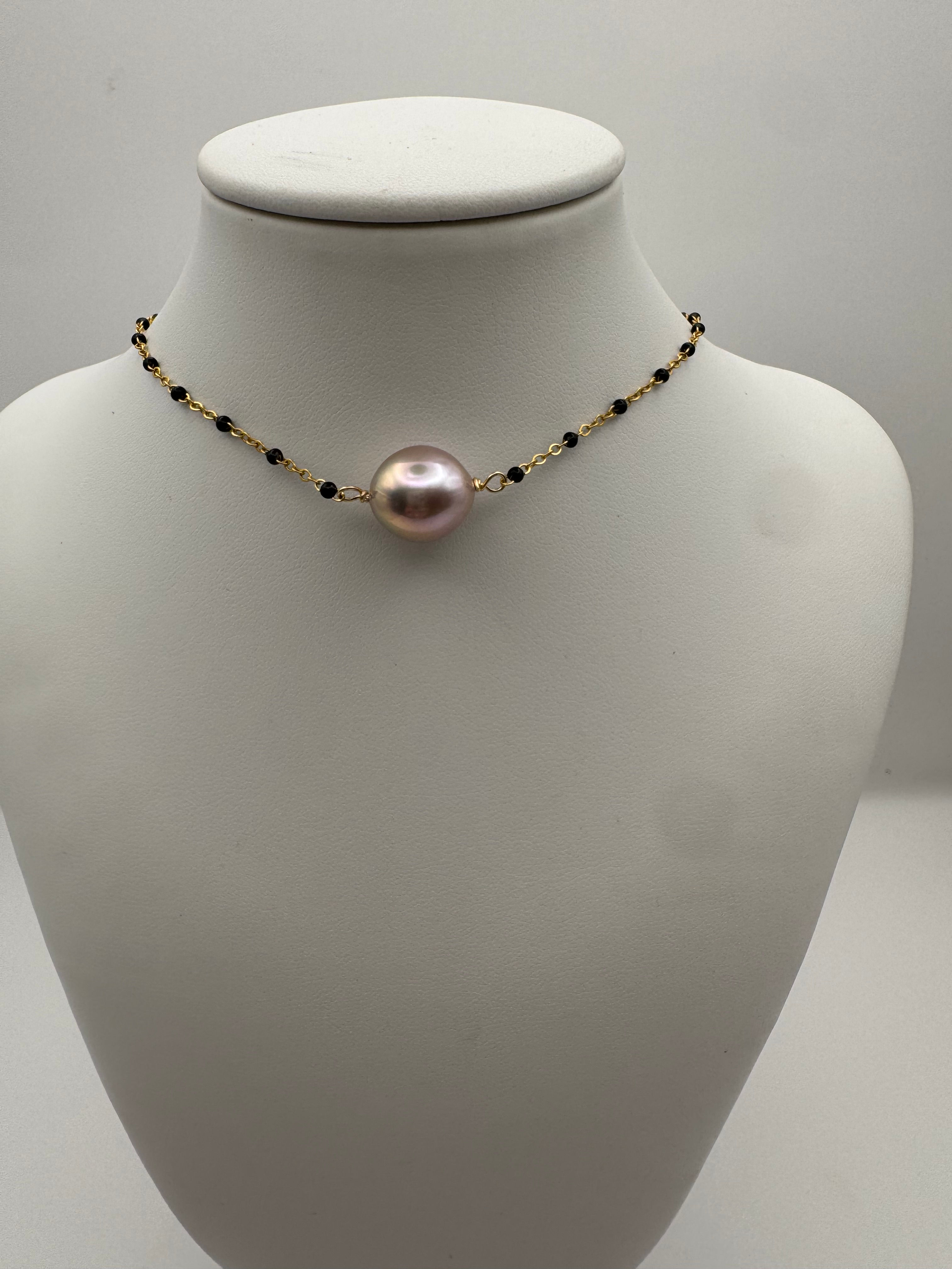 Pink Edison Pearl 11mm in black onyx gold filled chain