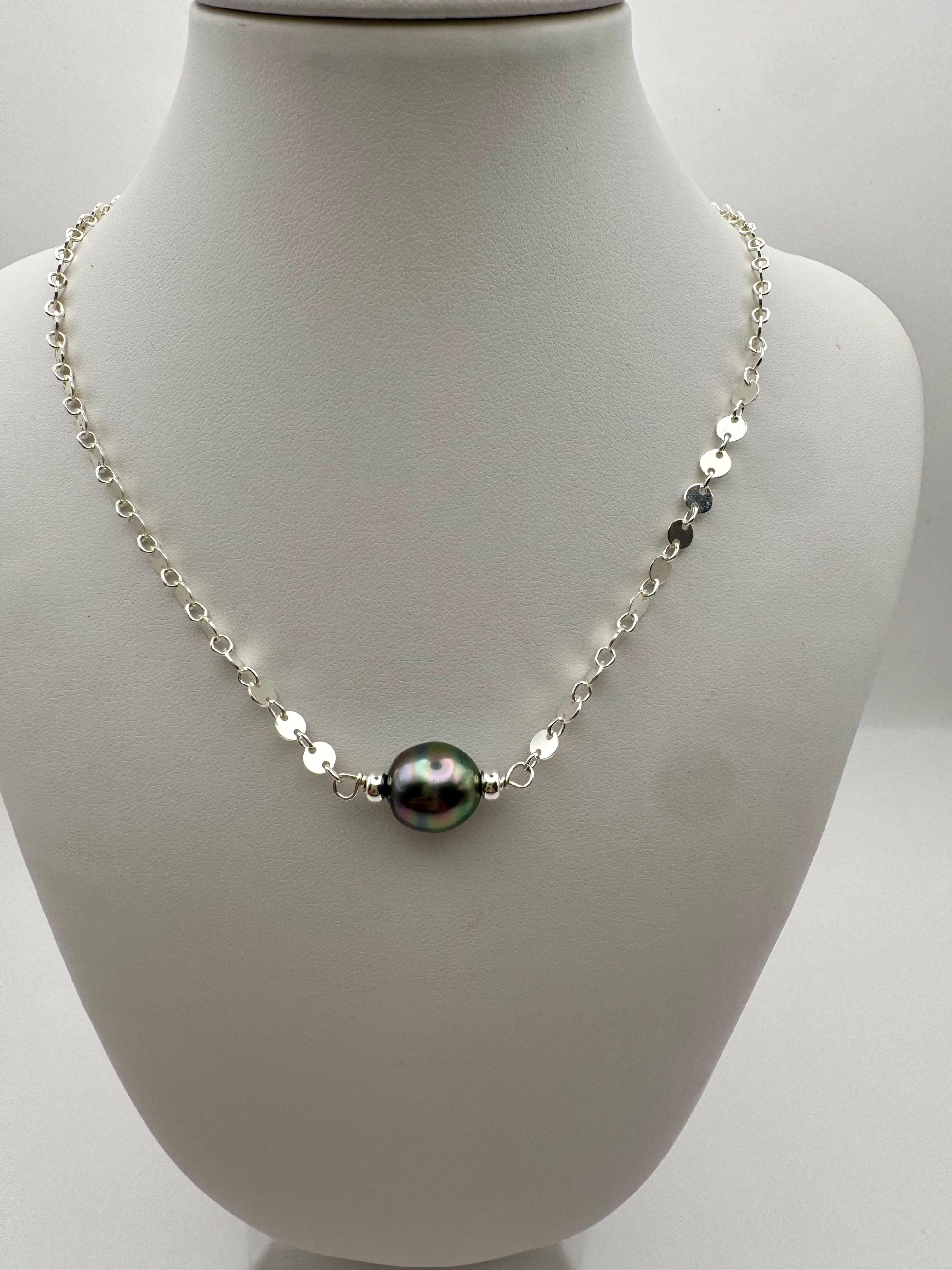 Black Tahitian Pearl 11mm on sterling silver disc chain 17"