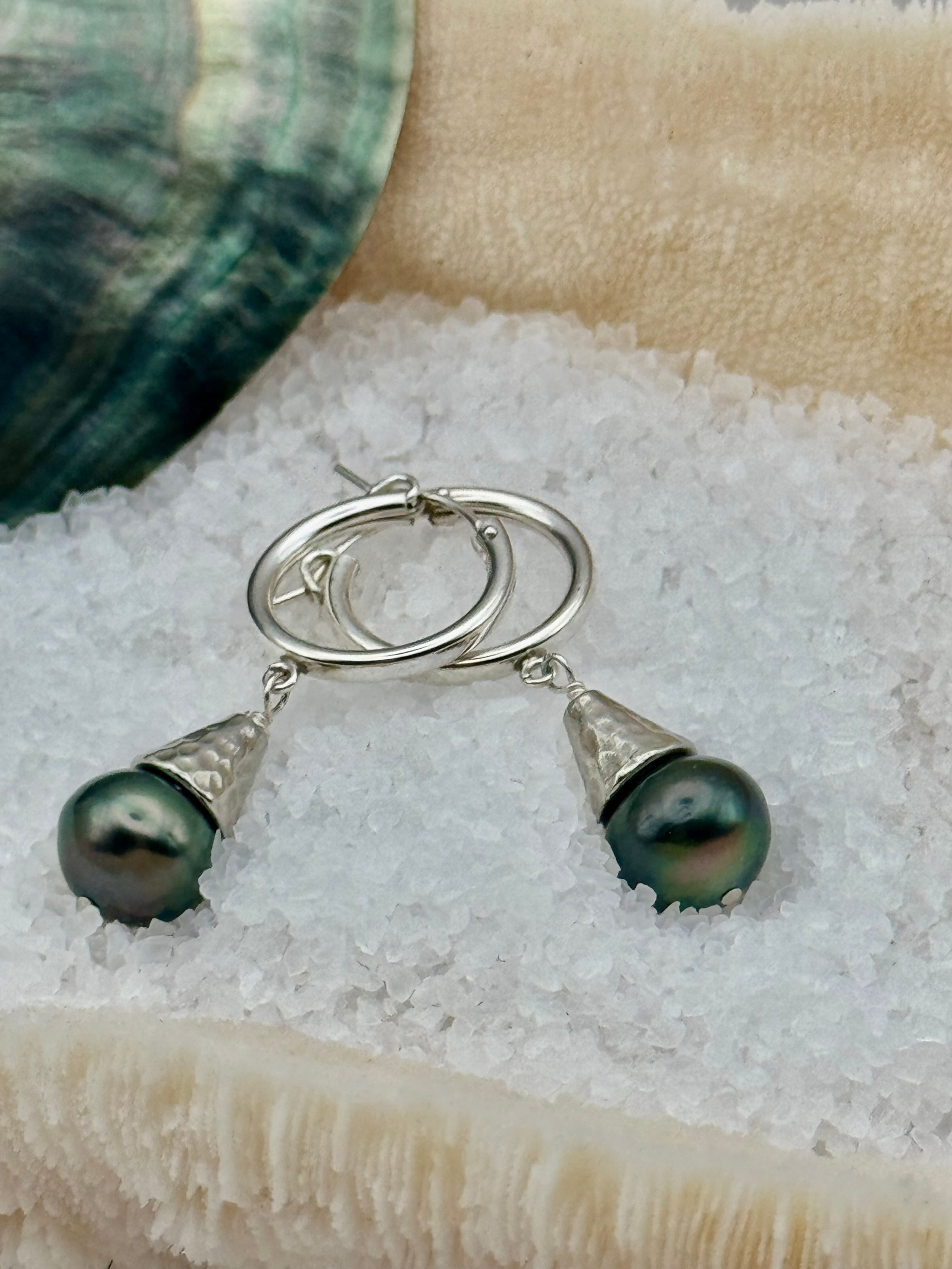 Black Tahitian Pearls 10mm on sterling silver hoops