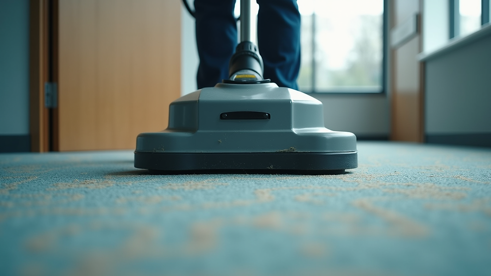 Close-up view of a commercial carpet cleaning machine working on a patterned office carpet