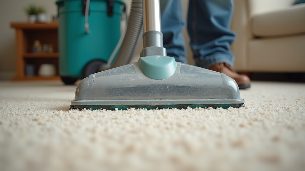 Eye-level view of a professional carpet cleaner using advanced equipment on a beige carpet