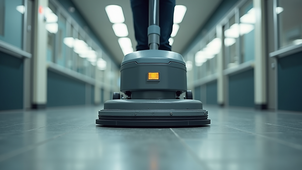 Eye-level view of a commercial floor cleaning machine in action
