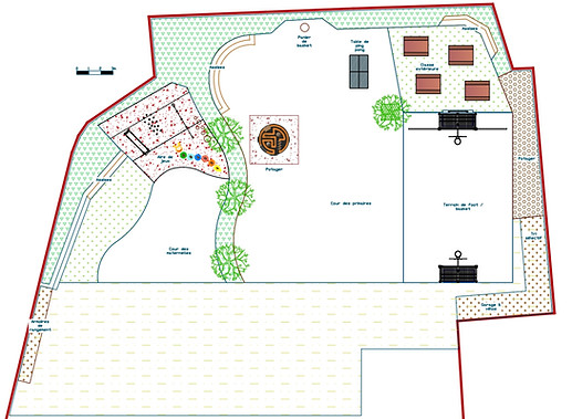 Plan de la cour de l'école Guery à Chartres avec zones de jeux, de repos et de sport