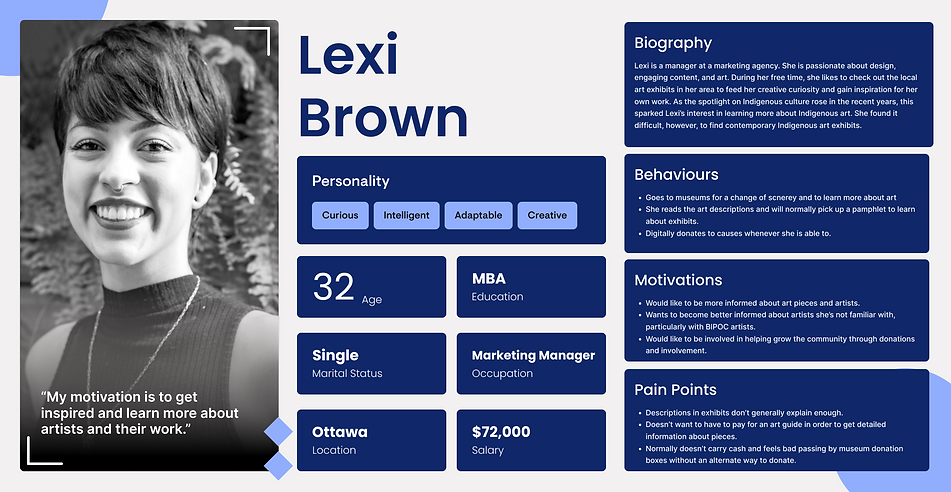 Persona for Lexi Brown showing her behaviours, pain points and motivations