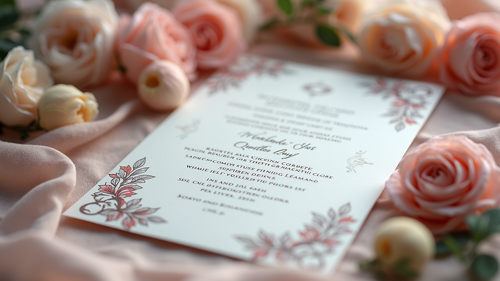 Close-up view of elegant wedding invitation with floral design