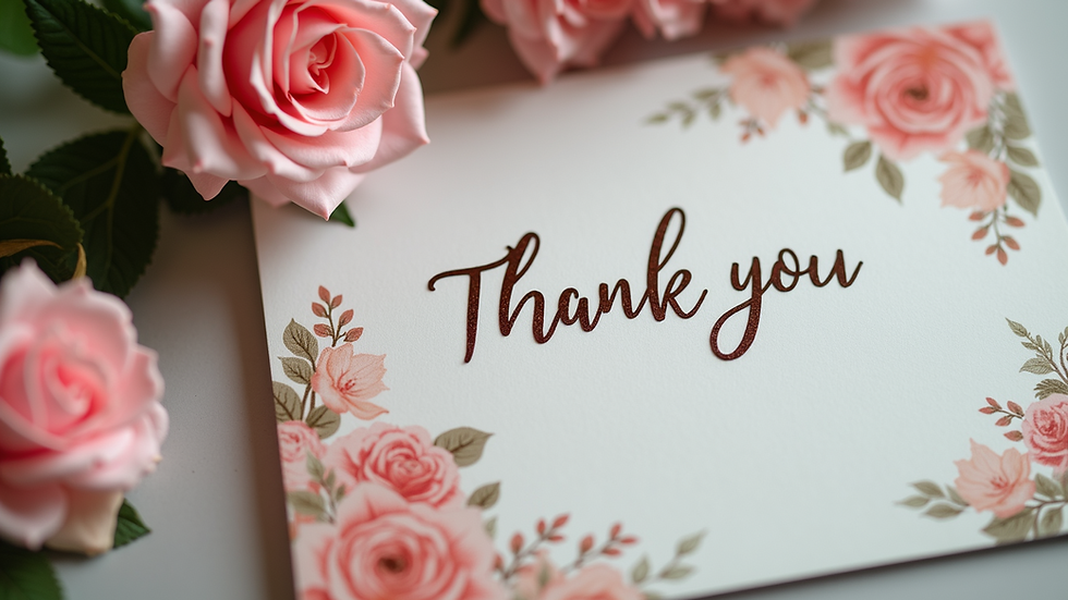Close-up view of elegant thank you card with floral accents