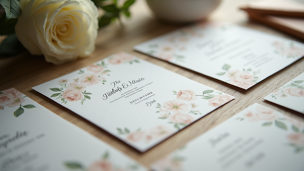 High angle view of assorted wedding stationery including invitations and RSVP cards