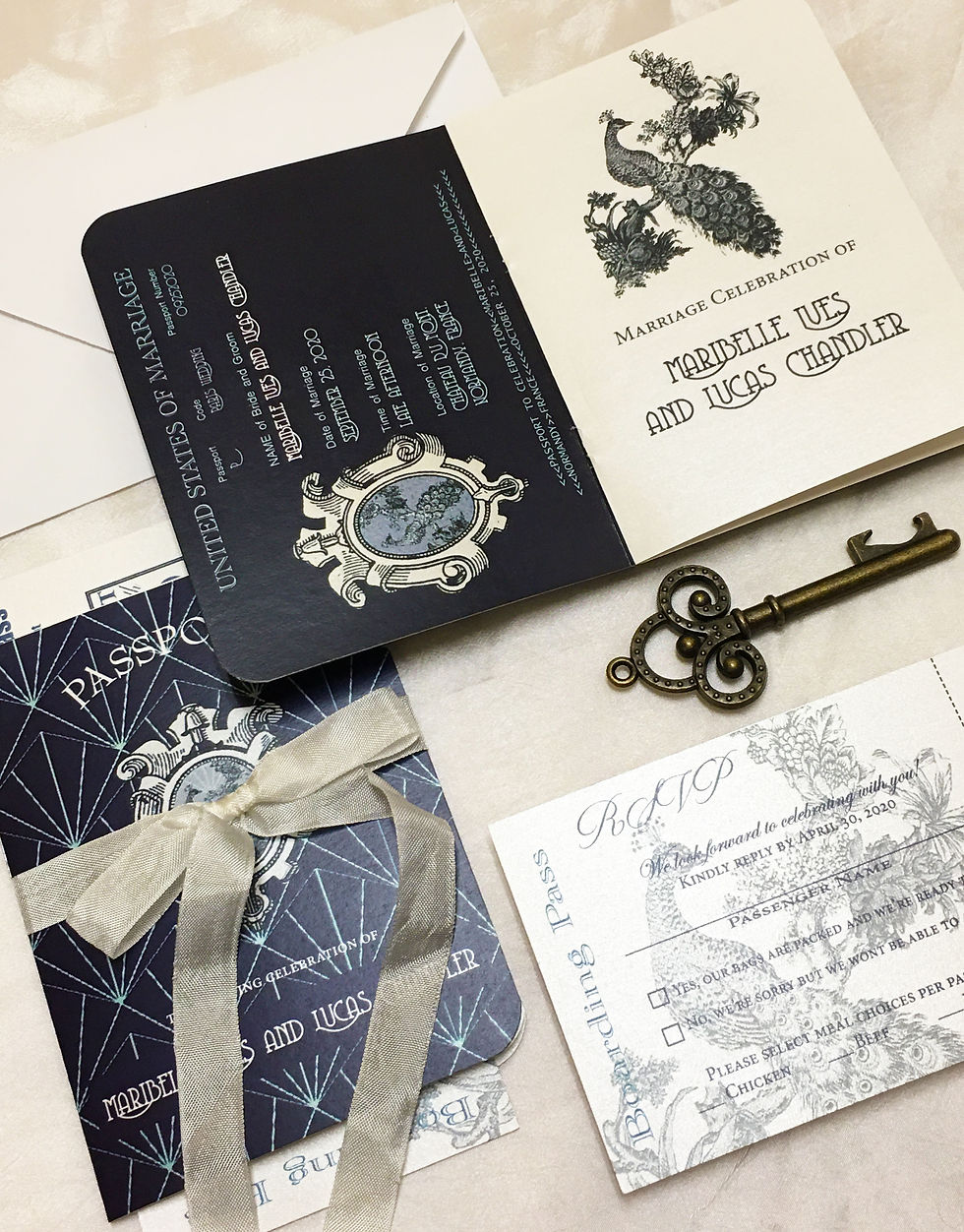 Close-up view of elegant wedding invitation with floral design