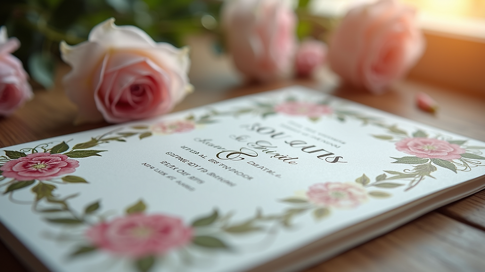 Close-up view of elegant wedding invitation with floral design
