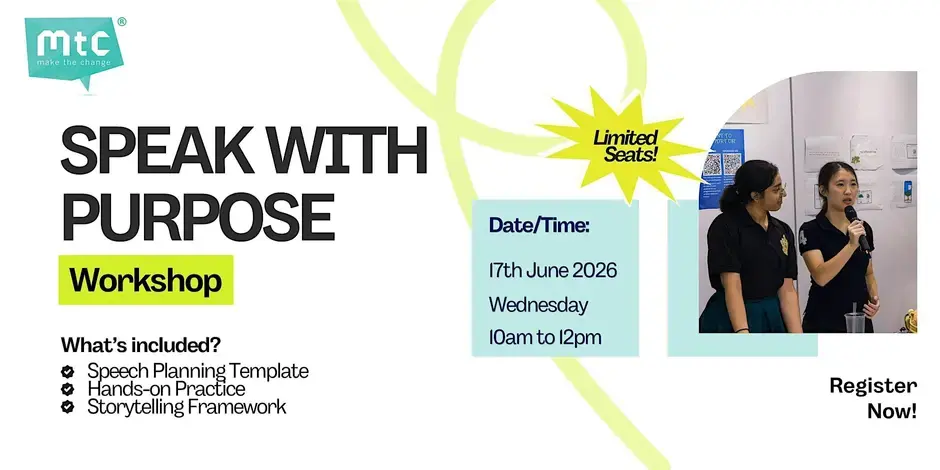 Workshop poster for SPEAK WITH PURPOSE, with two women presenting, Limited Seats, and date/time: 17th June 2026, 10am–12pm