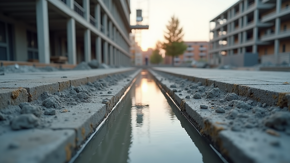 Eye-level view of a modern construction site using advanced concrete pouring techniques