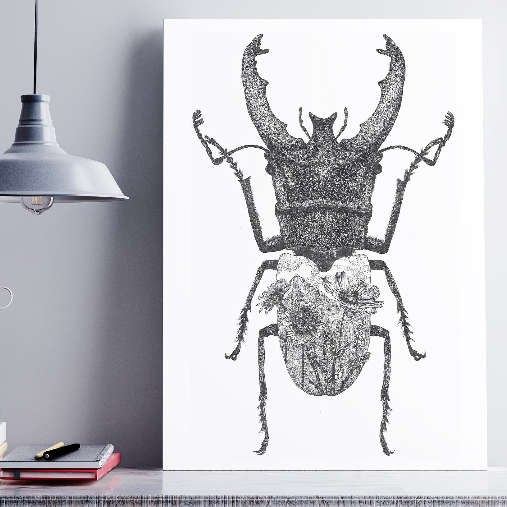 Stag beetle with flowers print