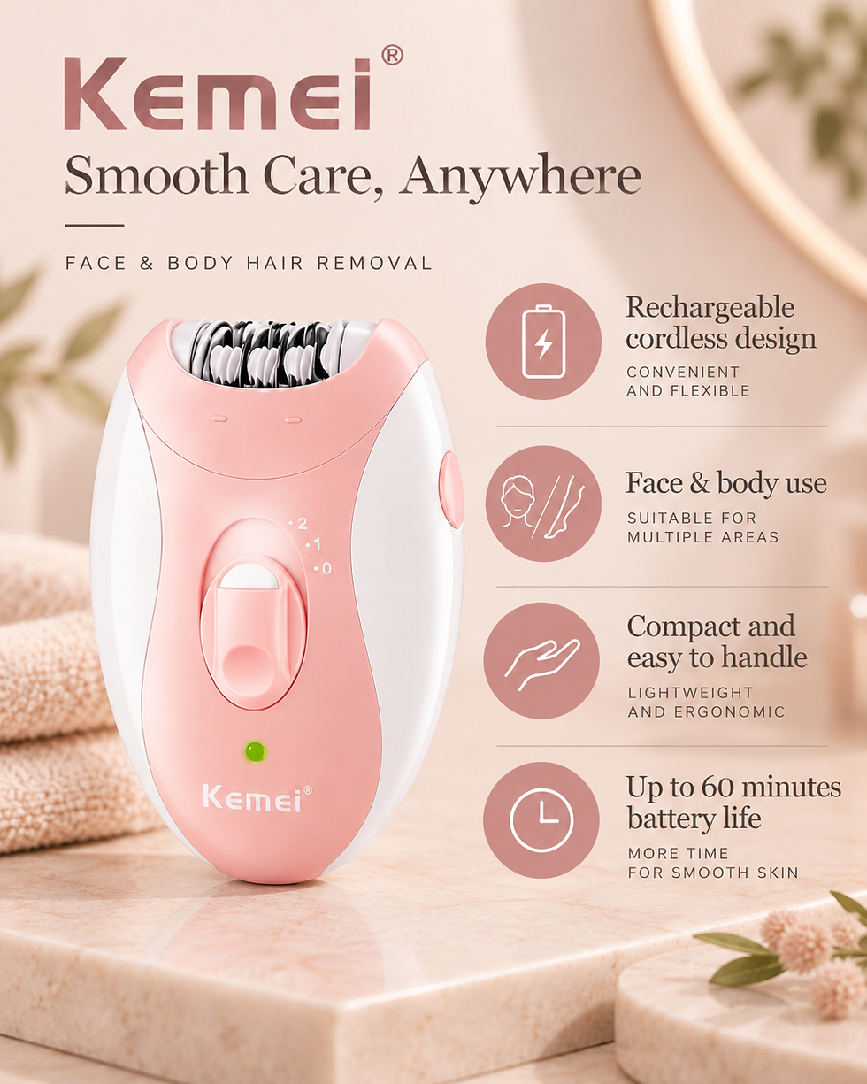 Kemei rechargeable epilator highlighting cordless design, face and body use and battery life