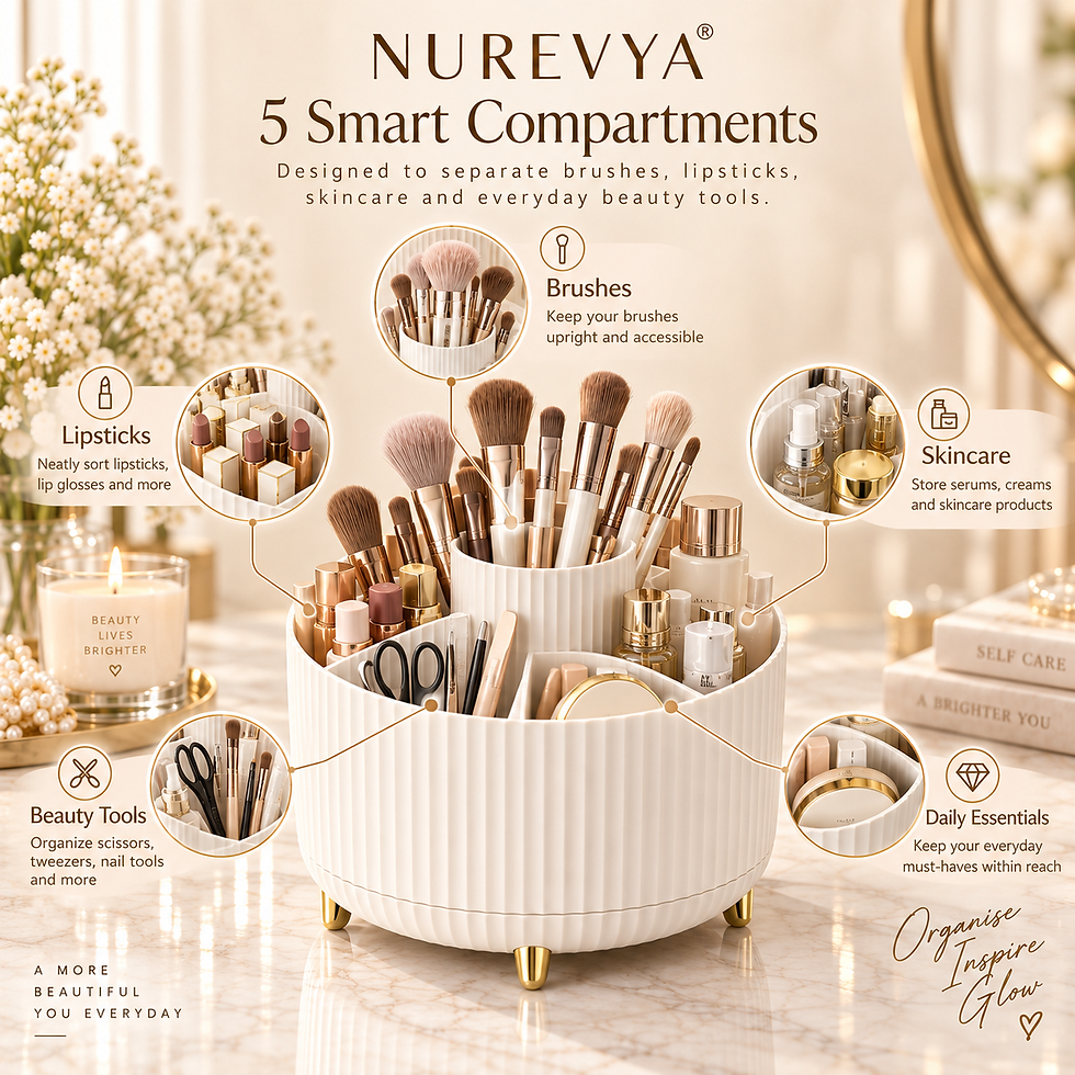 NUREVYA rotating makeup organizer showing smooth 360 degree spinning base for easy access