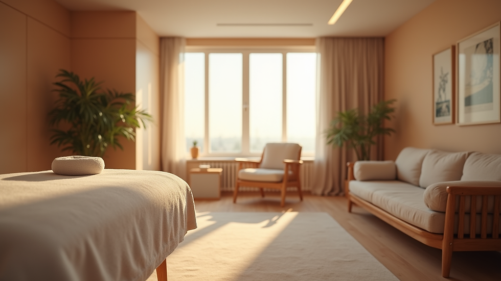 Eye-level view of a cozy therapy room with soft lighting and comfortable seating