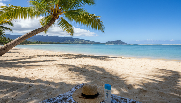 Wide-angle view of a shaded Kailua beach with bright sun over calm water