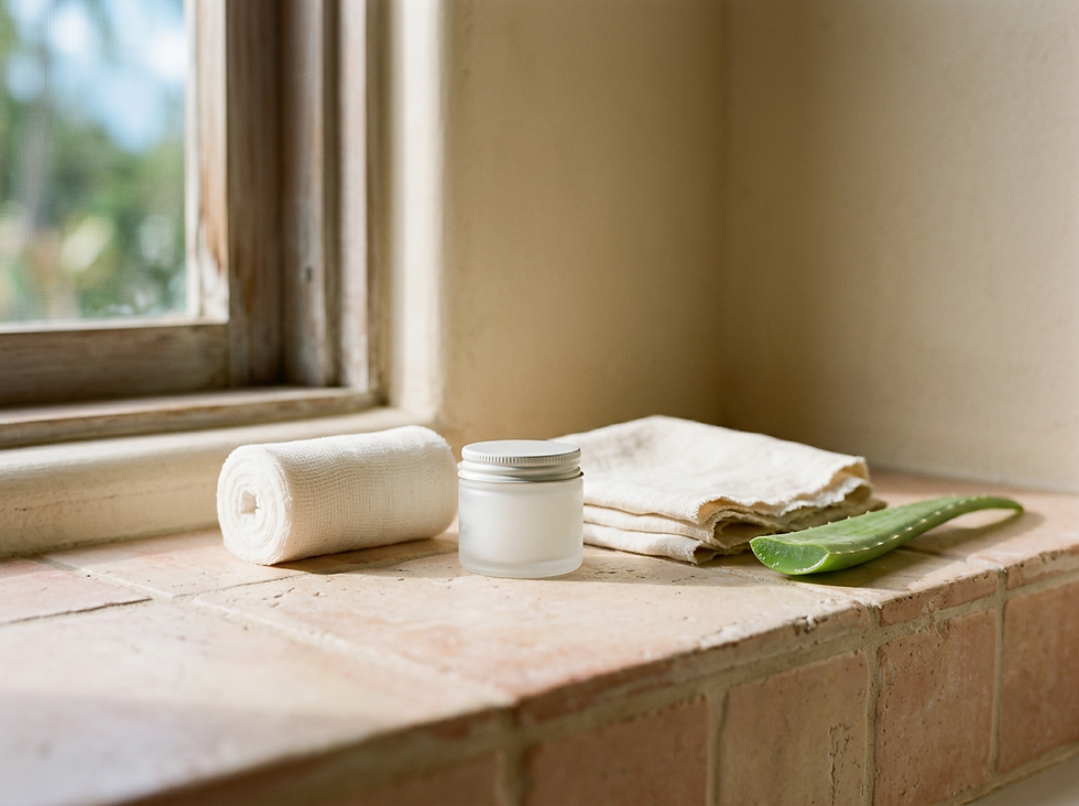 Simple aftercare supplies on a tile bathroom ledge in a Hawaii home.