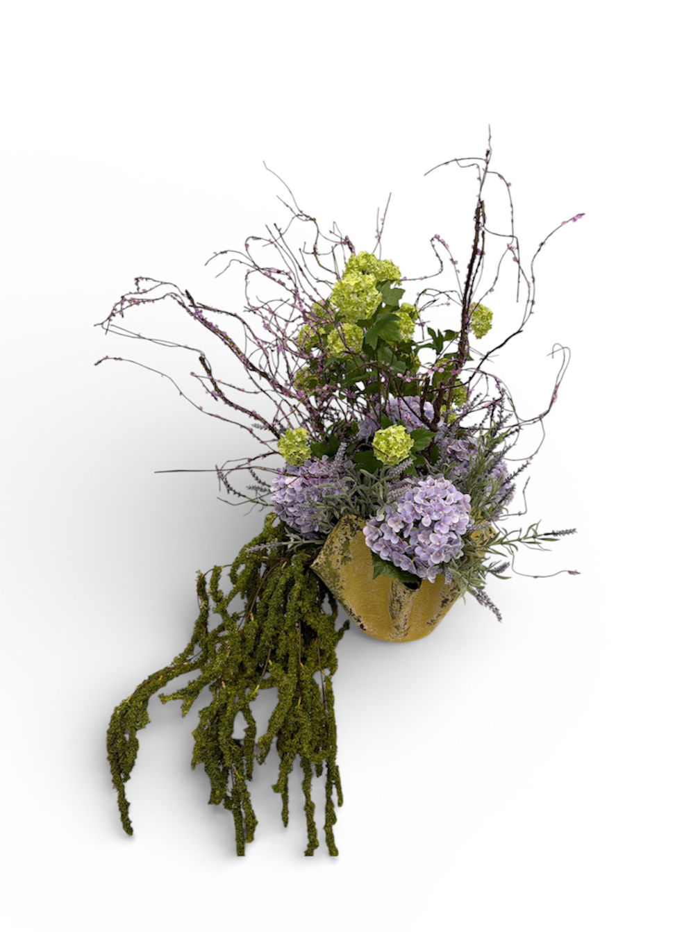 Asymmetrical Moss Hydrangea Arrangement