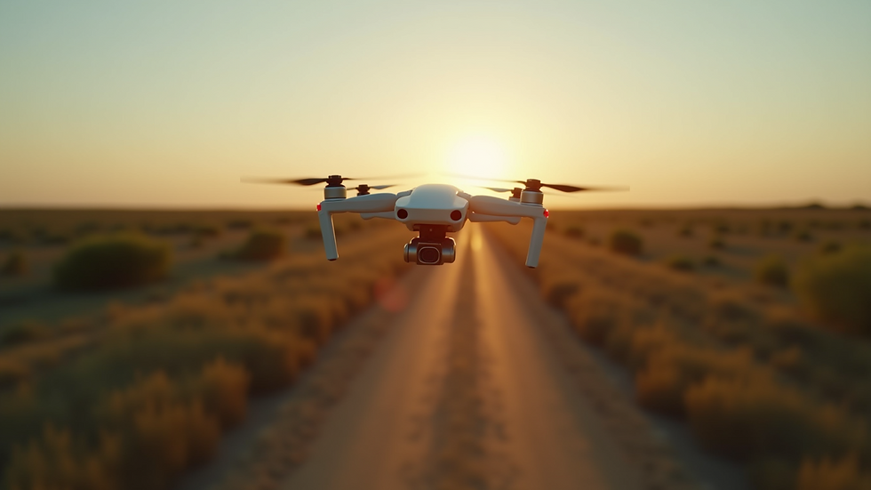 Eye-level view of a drone flying over a Texas landscape