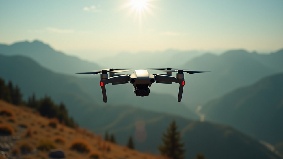 High angle view of a drone capturing aerial footage over a scenic landscape