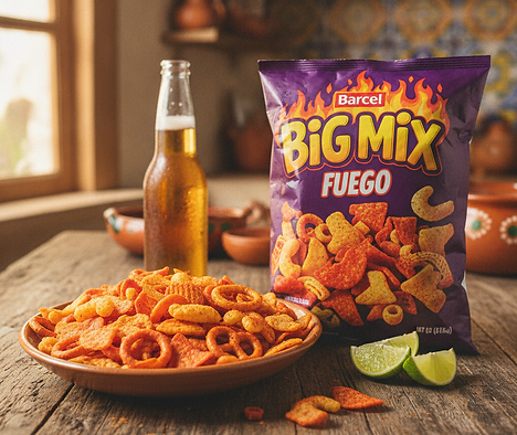 Big Mix Fuego Barcel 185g uz lauku stila galda ar bļodu asu uzkodu un laimu.