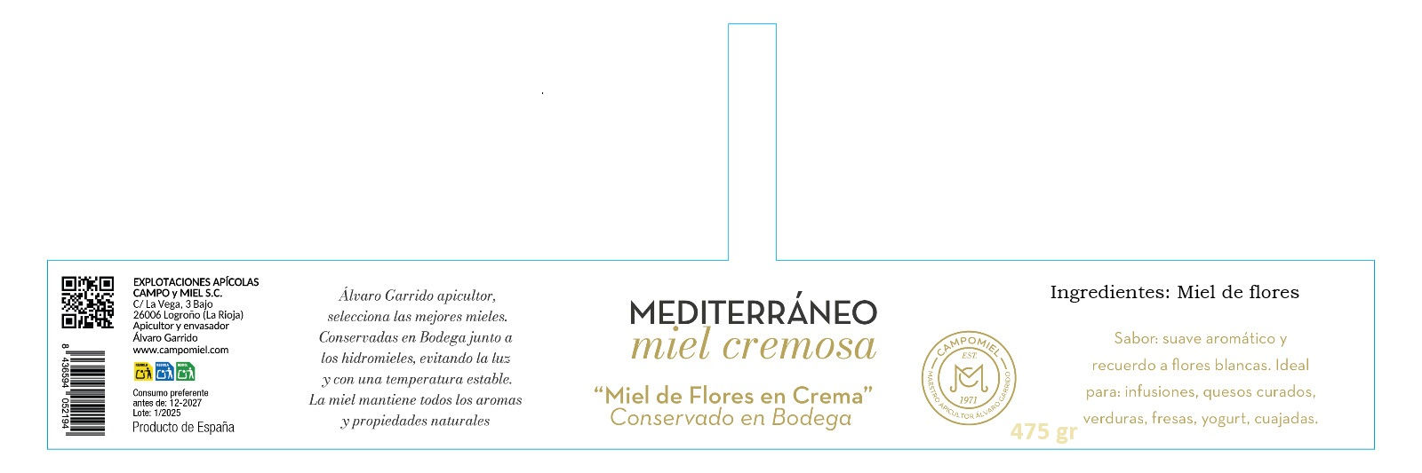 Miel de Bodega Mediterraneo Cremosa 475GR