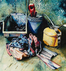 Original watercolour painting of oil and rags  by Ewen 