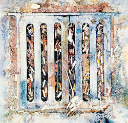 An original watercolour painting by Ewen MacDonald of a drain and dogends