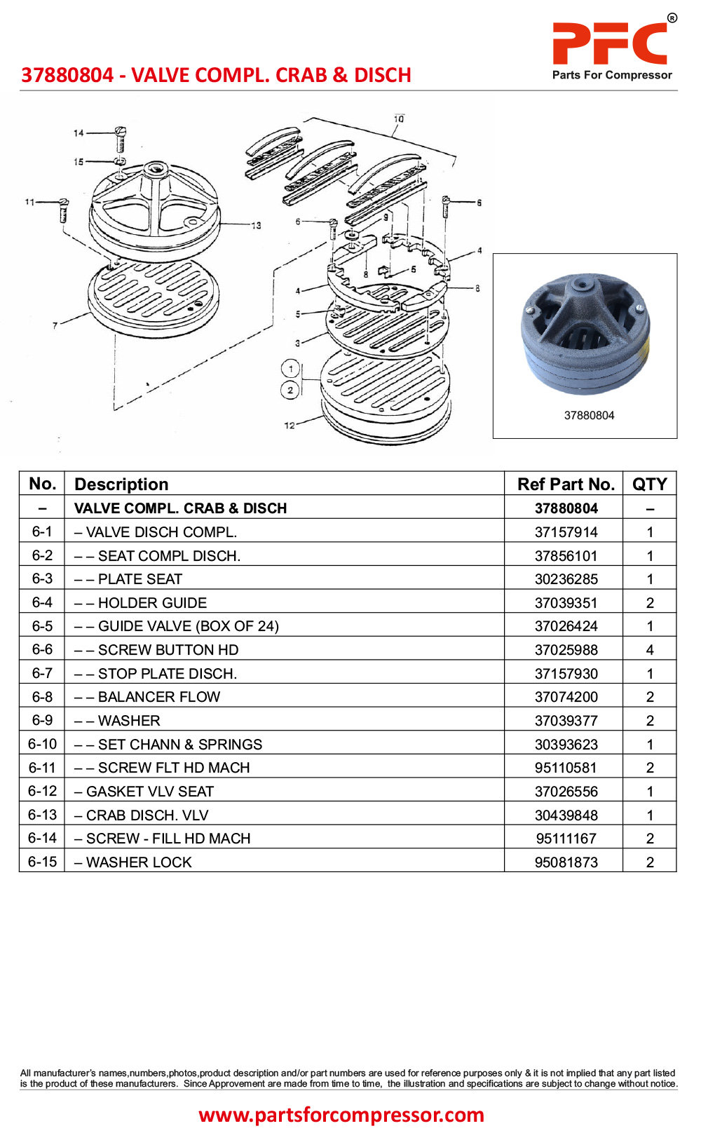Valve Complete Crab & จาน 37880804 | PFC - Parts For Compressor