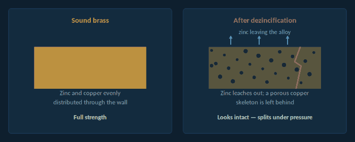 Dezincification of brass, showing zinc leaching and a porous copper layer
