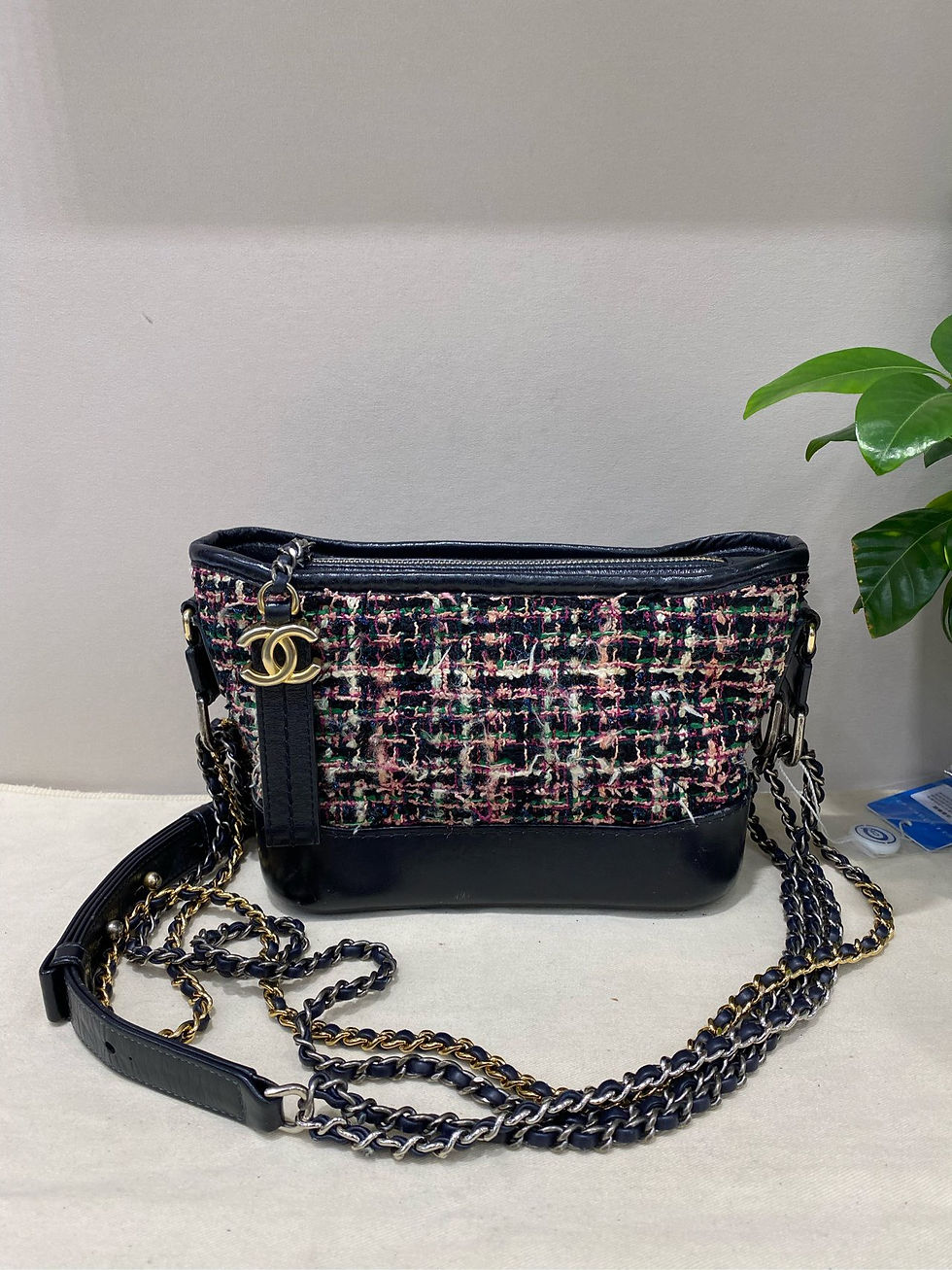 Chanel Black Pink Grid Tweed Chain Bag