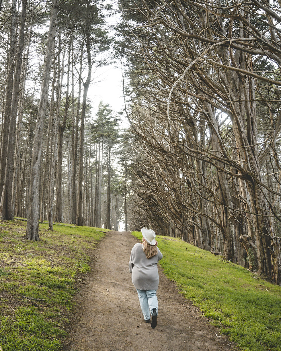 The Seal Cove Cypress Tree Tunnel is a hidden gem located just 15 minutes from Half Moon Bay in Moss Beach, California! Girl Hiking underneath canopy of trees looking up at the sky.