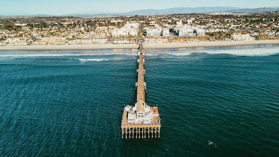 Drone Image of Oceanside, California looking at the Oceanside Pier and Ocean