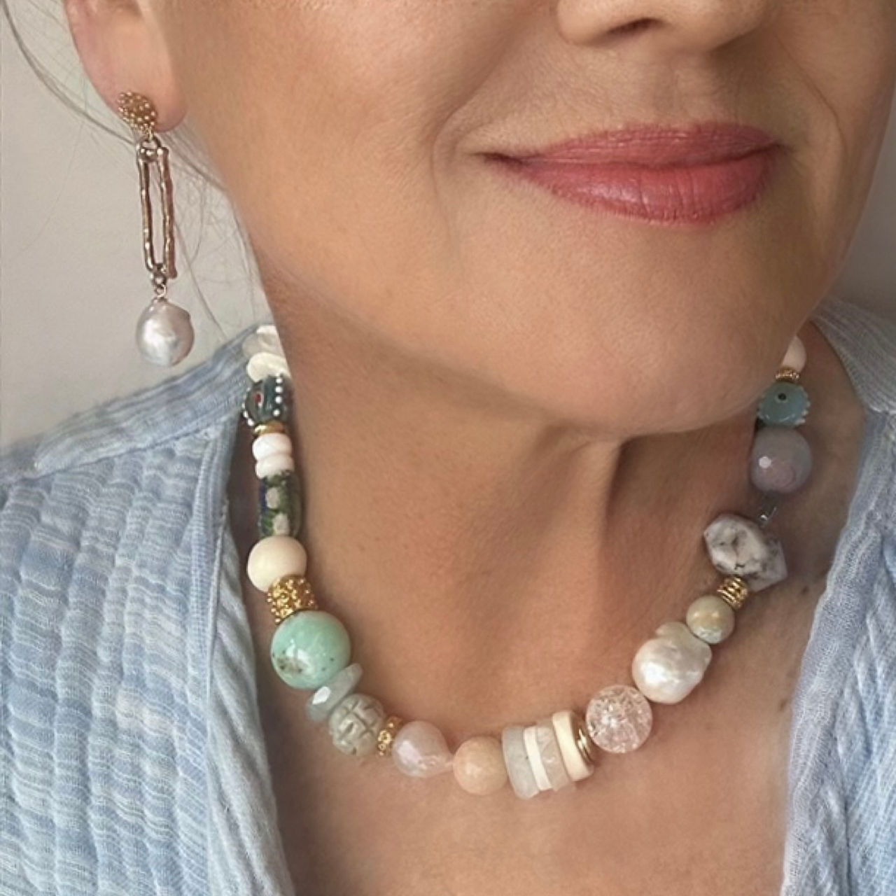Multi Natural Gemstone Bead Pearl Opal Gold Necklace