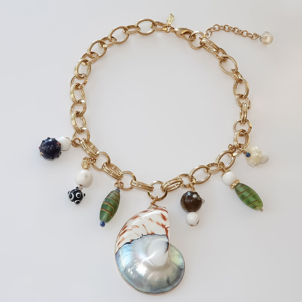 Thumbnail: Large Nautilus Shell Multicolored Bead Gold Chain Necklace