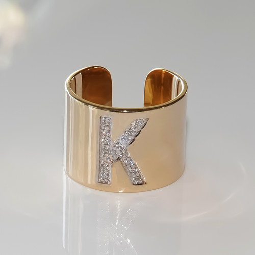 14K Gold Diamond Initial Wide Cigar Band Ring, Statement Ring 