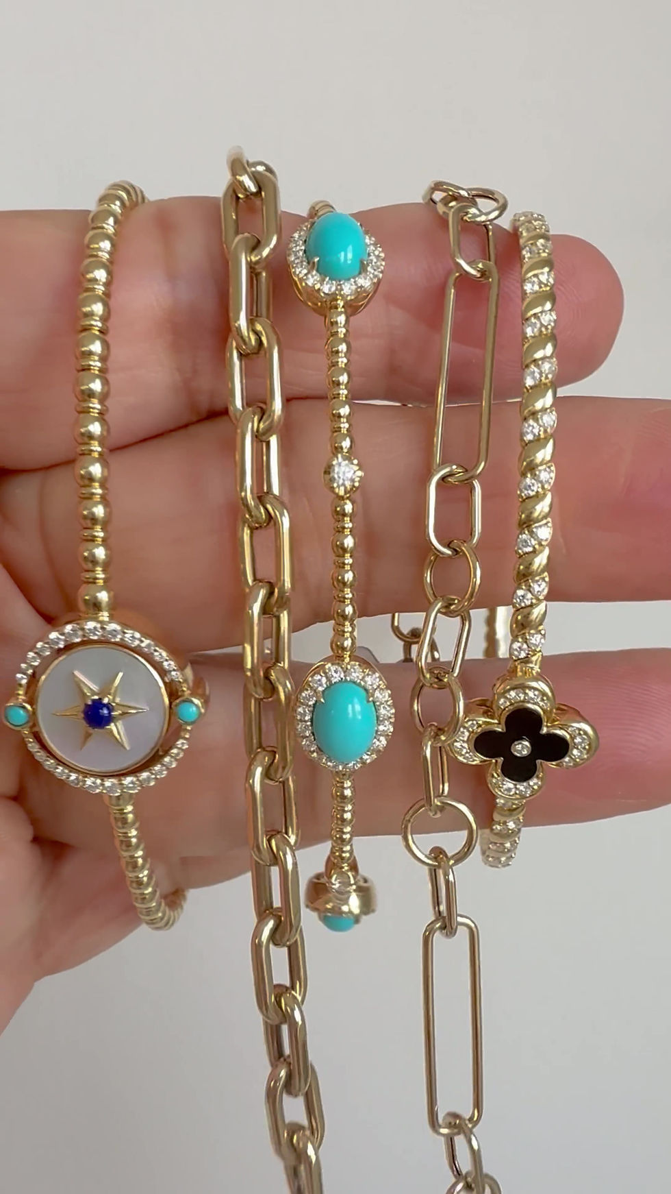 Thumbnail: 18K Gold Diamond Turquoise Flexible Bangle Size 6.5