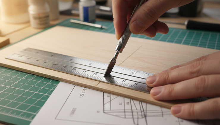 Close-up of a hobby knife cutting balsa along a metal ruler.