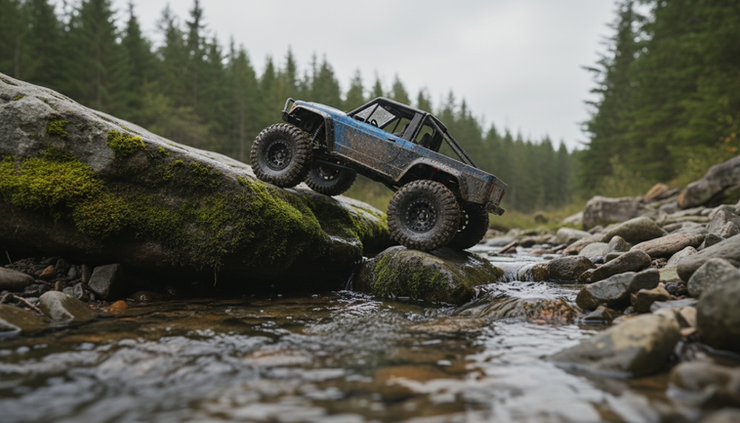 Low-angle view of a radio-controlled crawler climbing over wet rocks near a stream