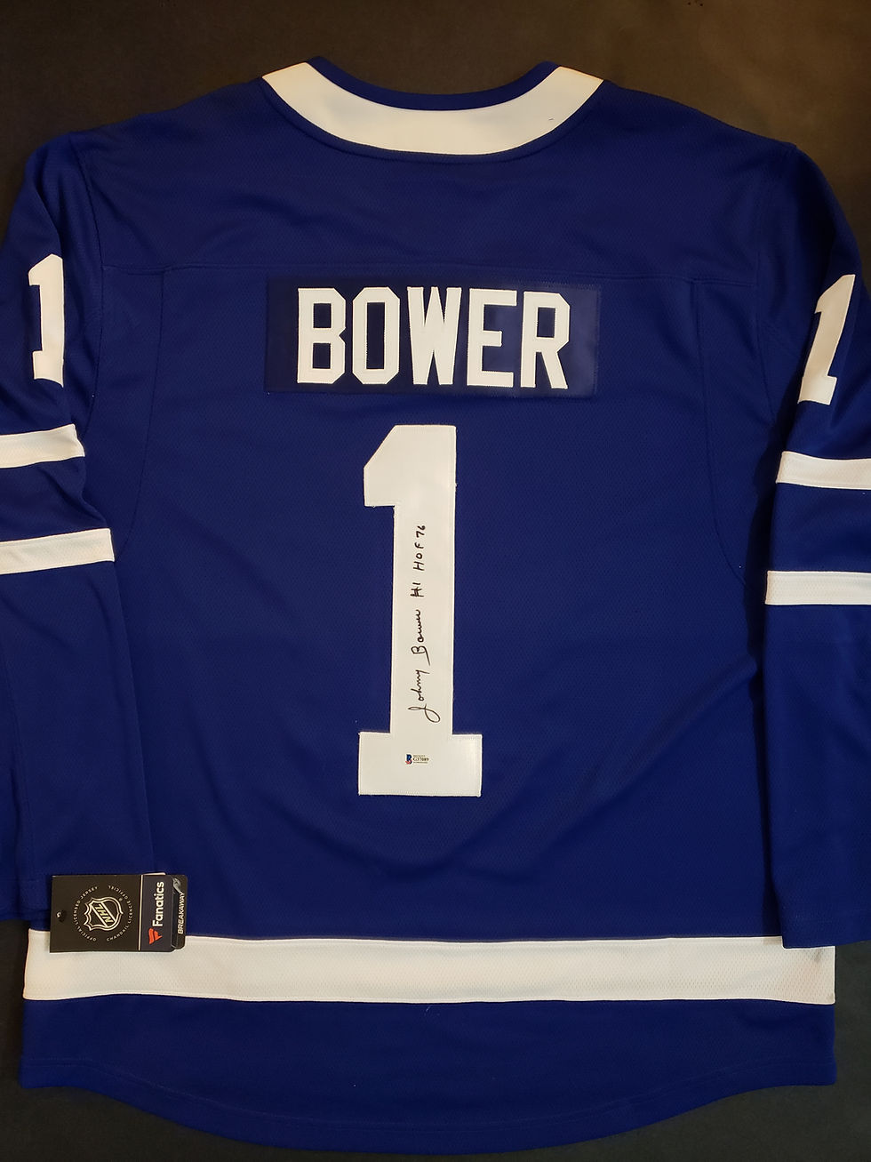 Johnny Bower Autographed Toronto Maple Leafs Fanatics Jersey (Beckett COA)