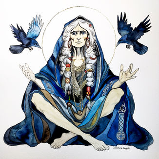 The Badb, sitting and wise with two crows.